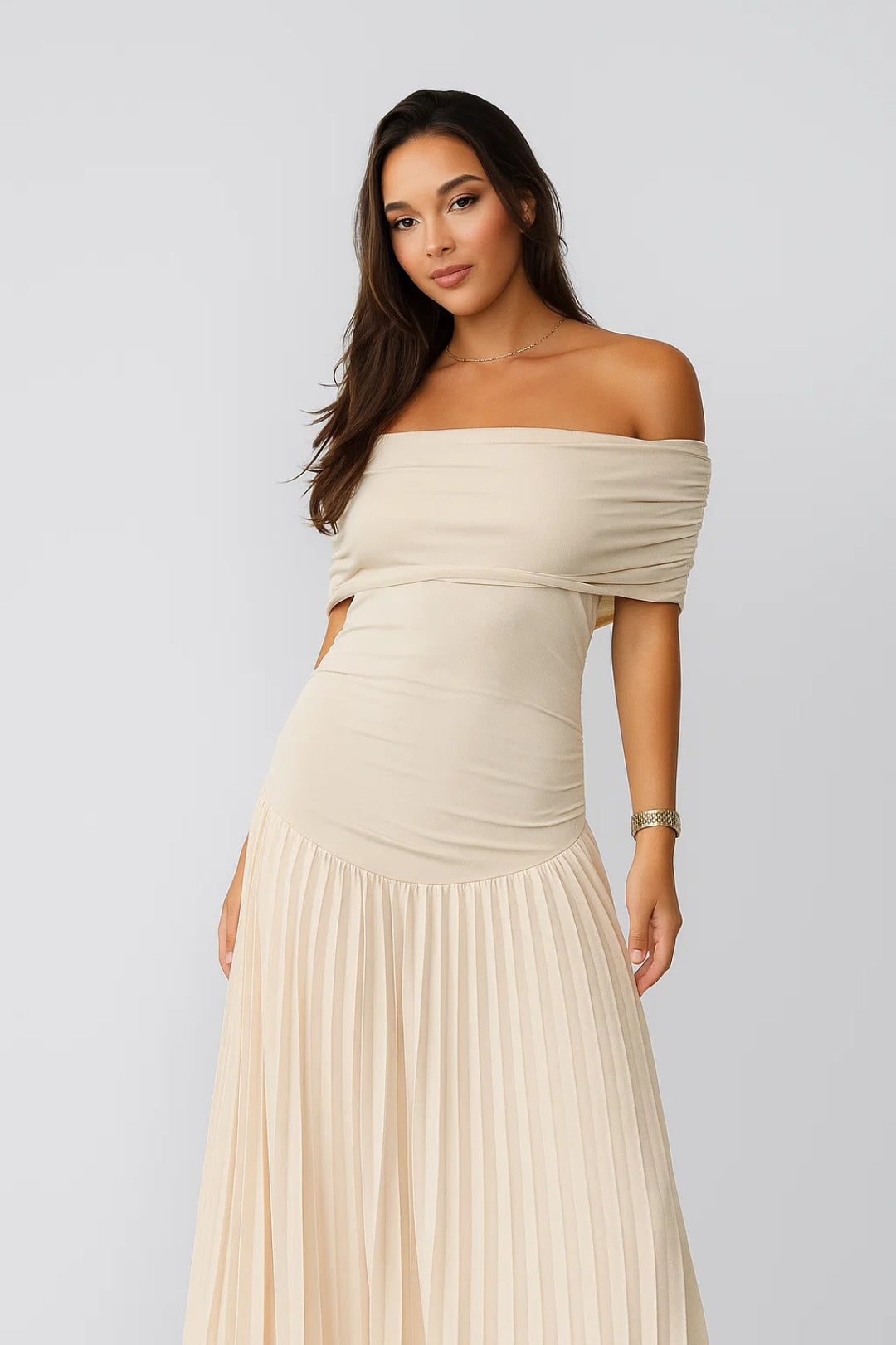 Abito Lungo Bardot | Plissettato | Eleganza senza Spalle