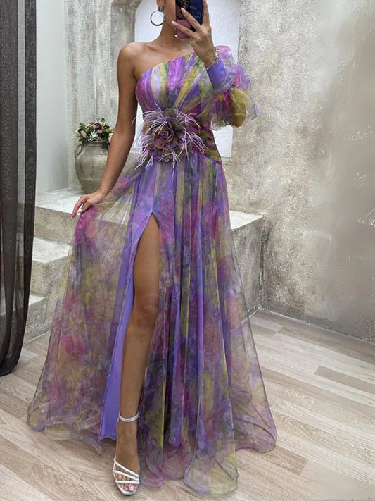 Abito Lungo Monospalla | Tulle Floreale | Leggero e Scenografico