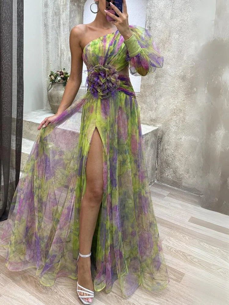 Abito Lungo Monospalla | Tulle Floreale | Leggero e Scenografico