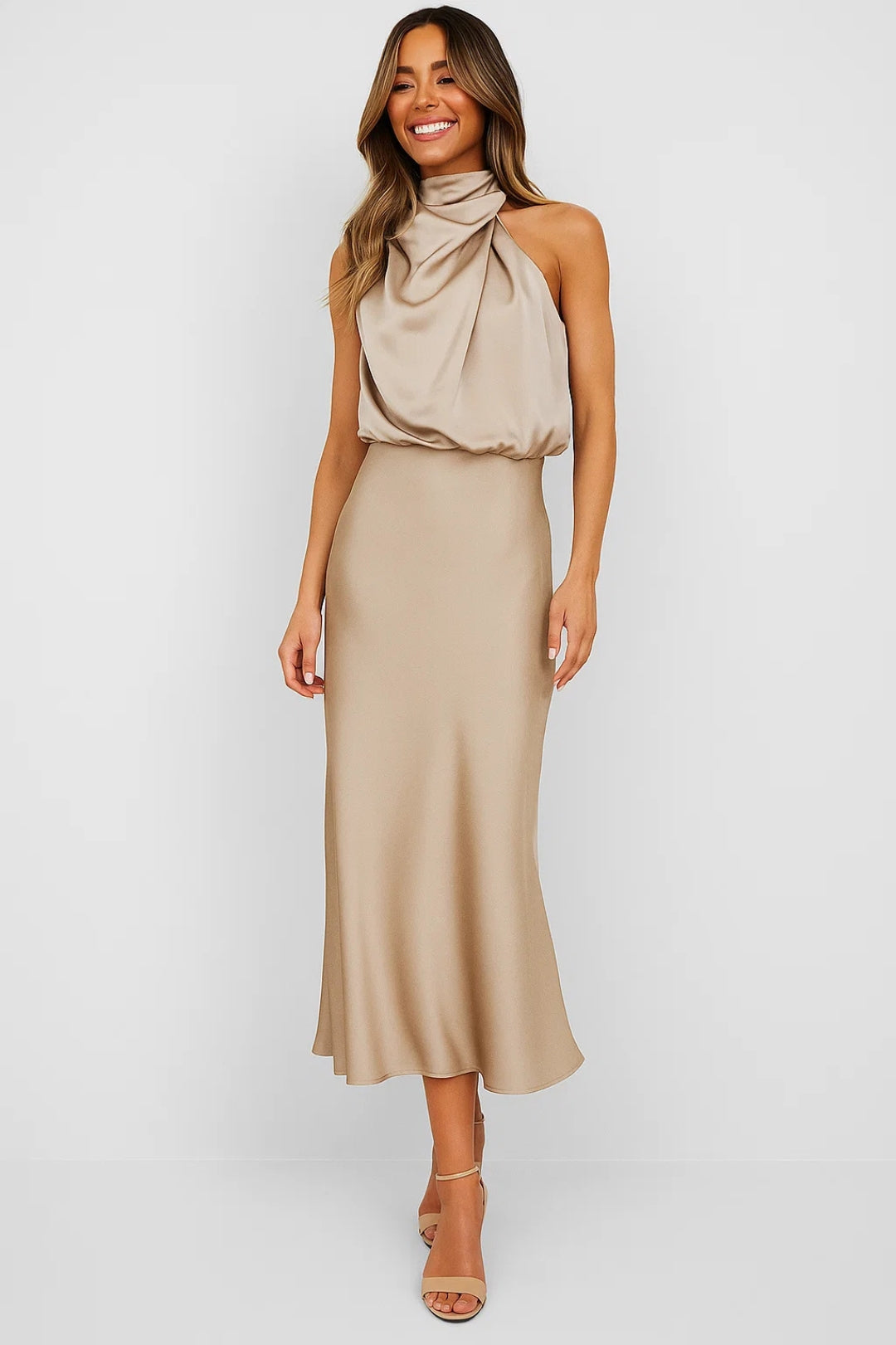 Abito Lungo Satinato | Collo Drappeggiato | Eleganza Moderna