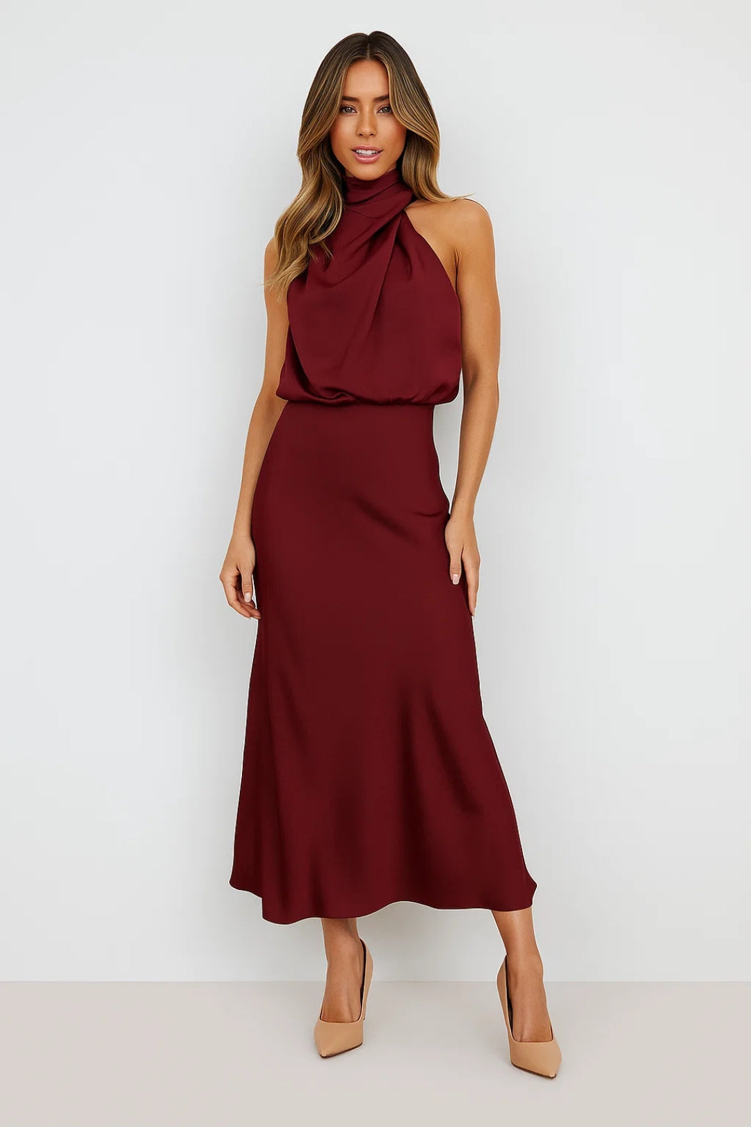 Abito Lungo Satinato | Collo Drappeggiato | Eleganza Moderna