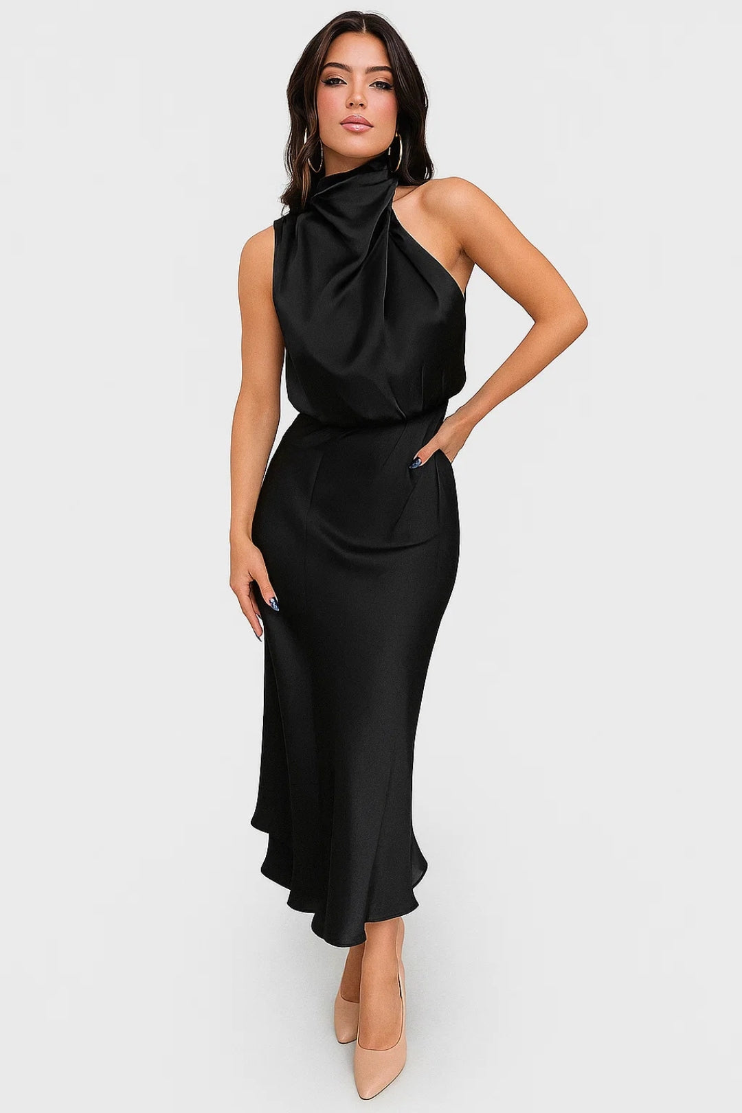 Abito Lungo Satinato | Collo Drappeggiato | Eleganza Moderna