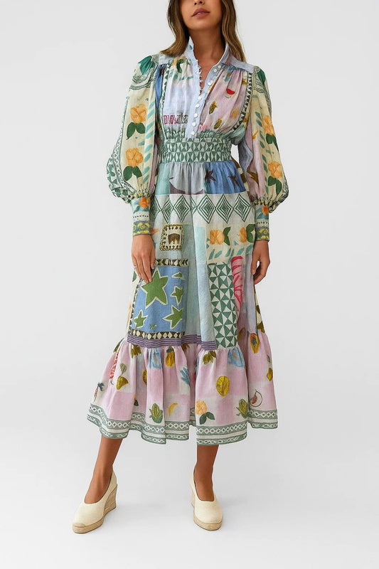 Abito midi boho con fantasia patchwork e maniche ampie