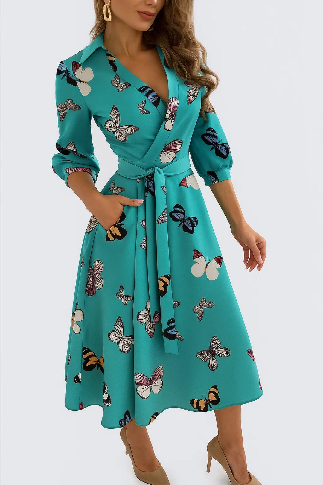 Abito Portafoglio Midi | Eleganza Chic | Stampa Grafica con Colletto