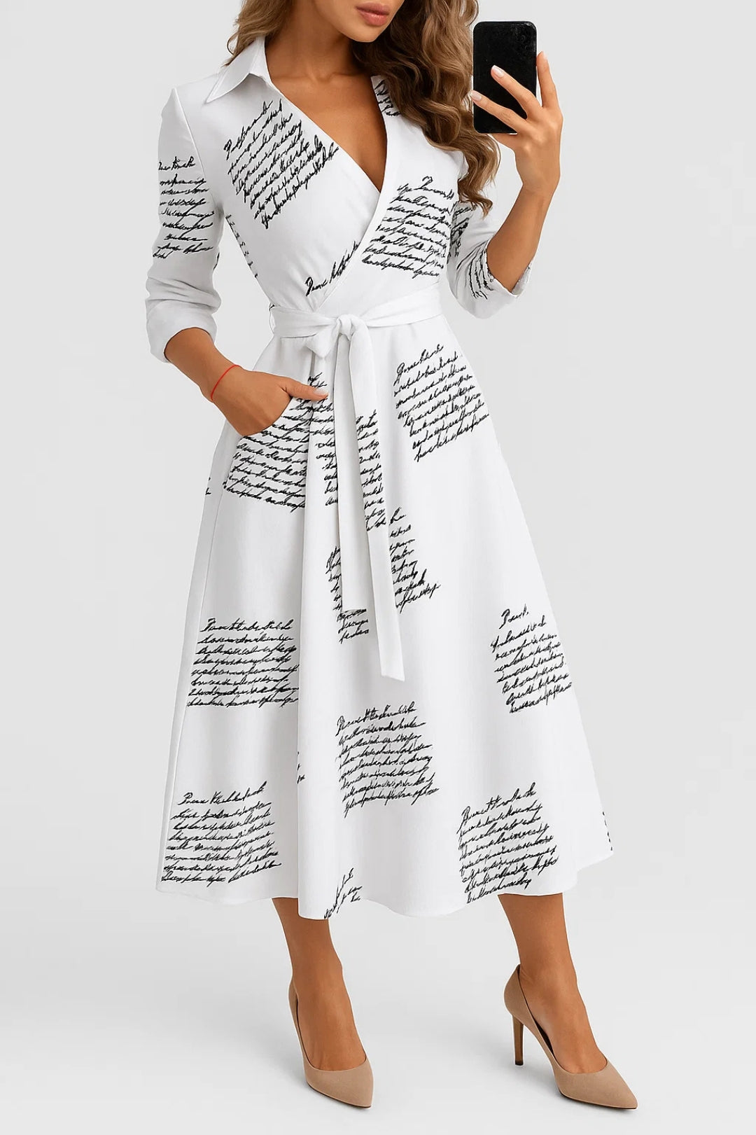 Abito Portafoglio Midi | Eleganza Chic | Stampa Grafica con Colletto