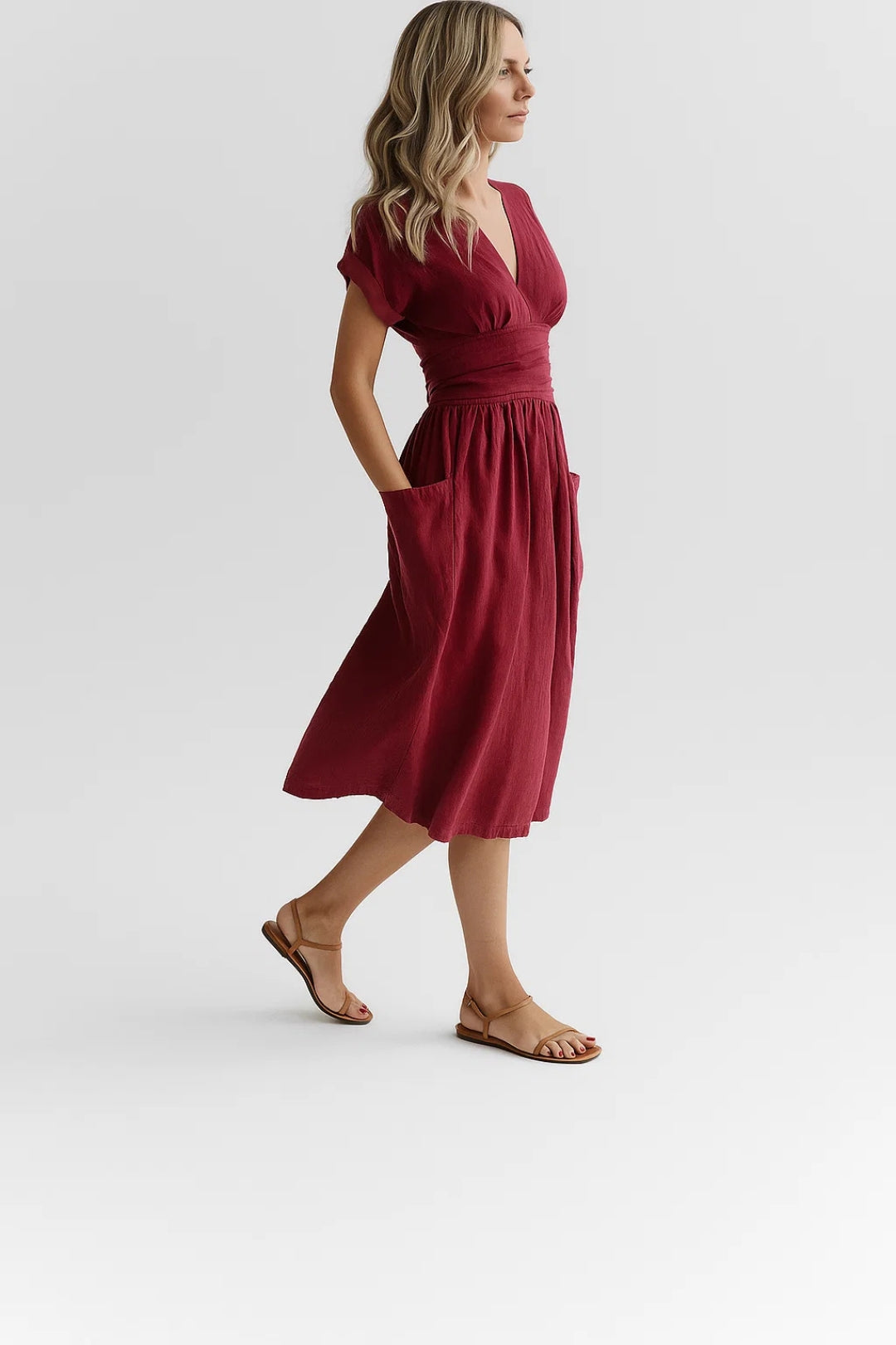 Abito midi con scollo a portafoglio e cintura annodata in vita