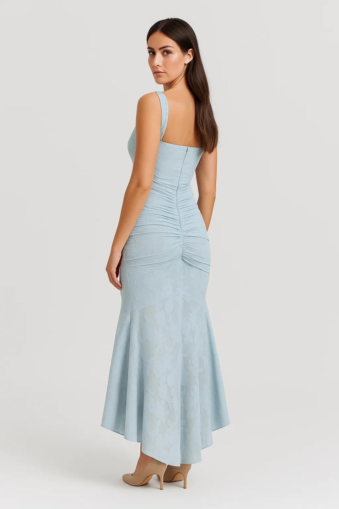 Abito asimmetrico in jacquard floreale | Drappeggio laterale | Eleganza raffinata