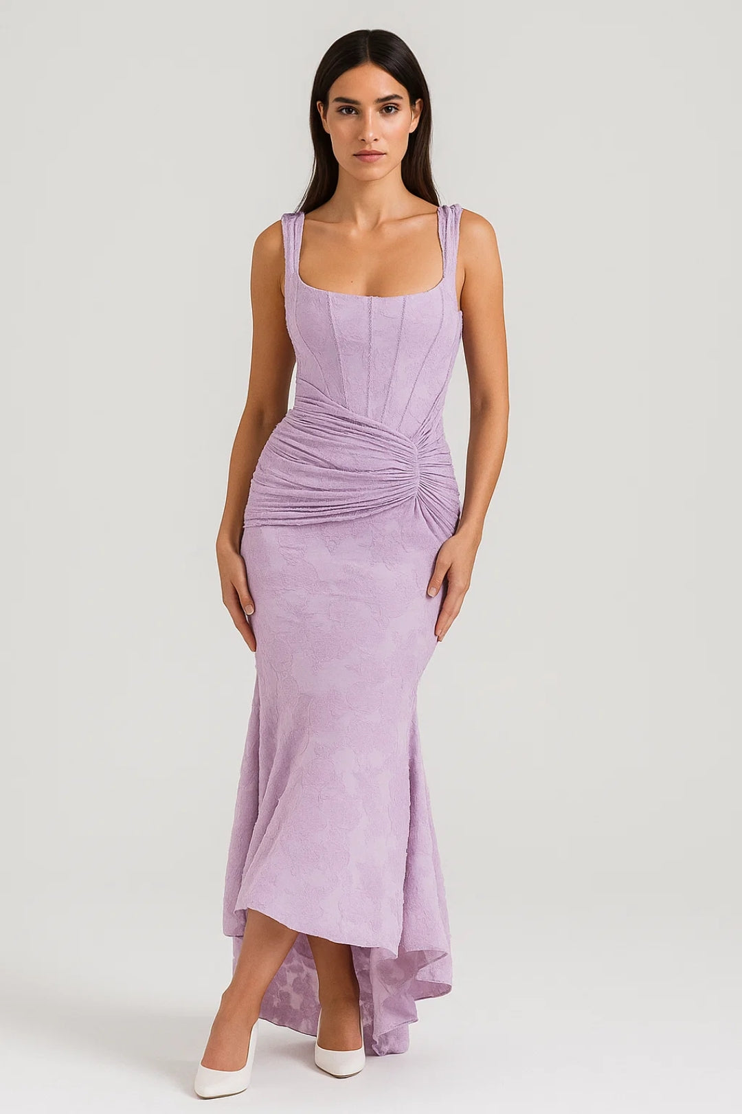 Abito asimmetrico in jacquard floreale | Drappeggio laterale | Eleganza raffinata