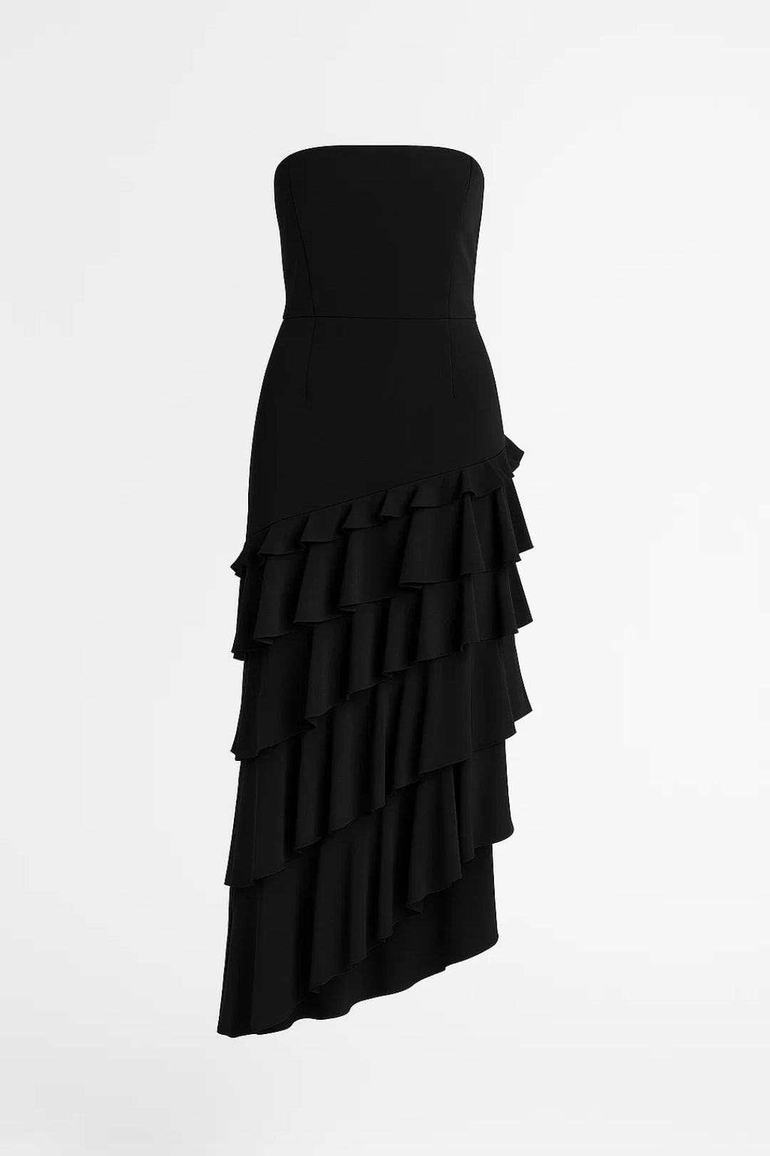 Abito asimmetrico senza spalline con balze | Eleganza moderna in nero