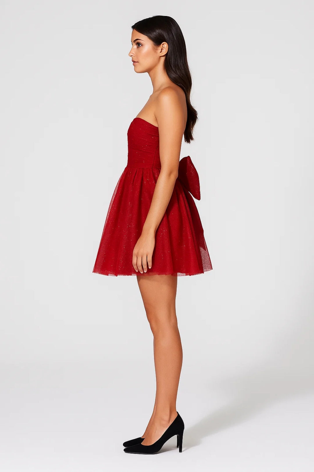Abito corto in tulle con glitter | Senza spalline | Gonna a ruota con fiocco