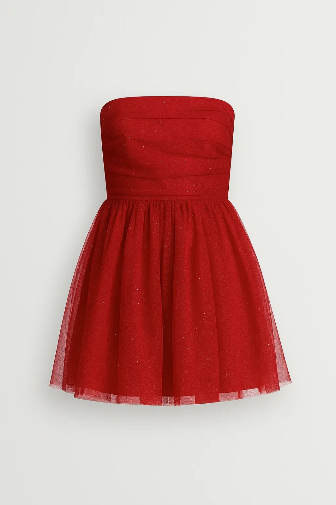Abito corto in tulle con glitter | Senza spalline | Gonna a ruota con fiocco