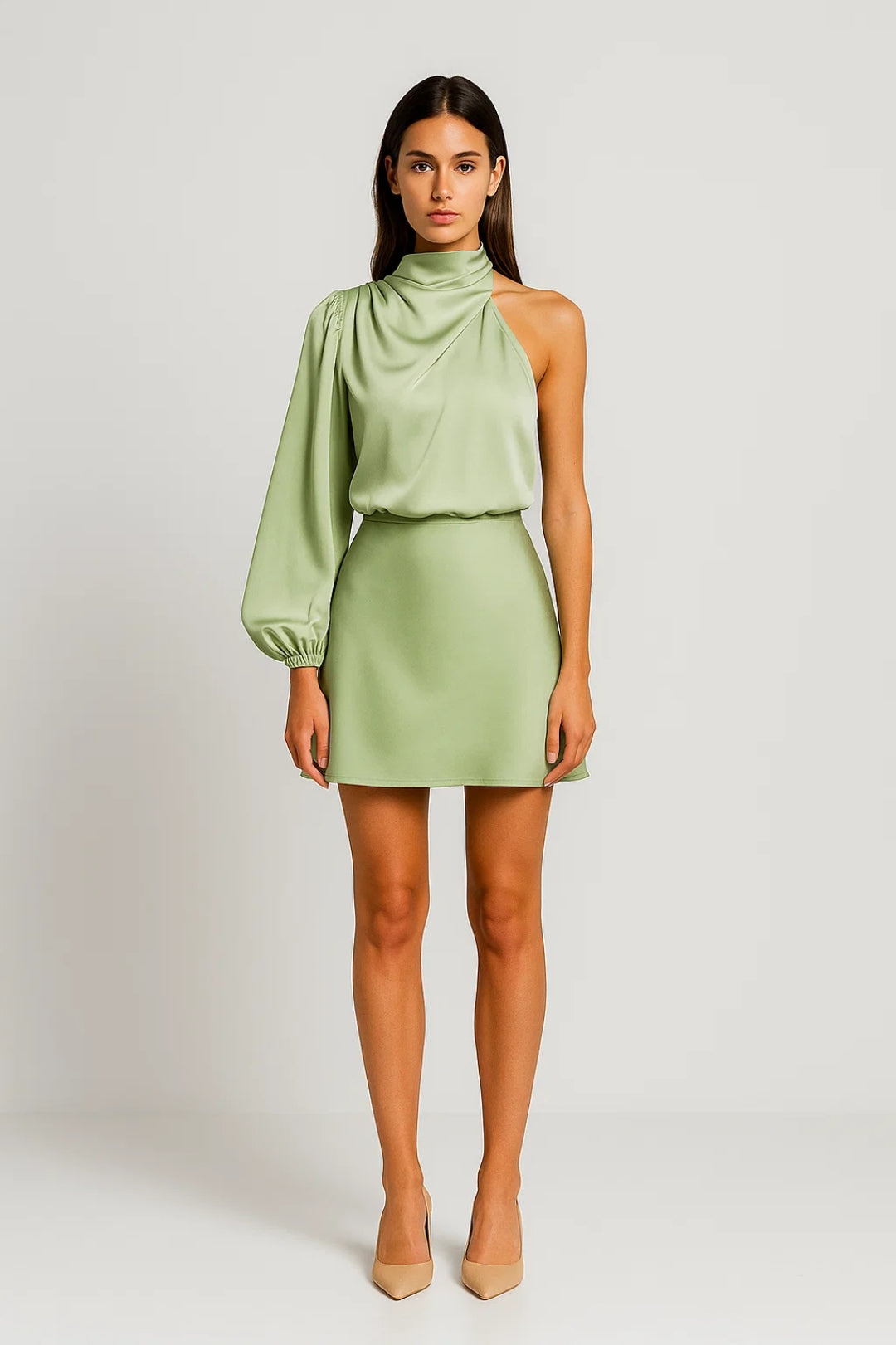 Abito corto monospalla in raso | Manica lunga ampia | Elegante e moderno