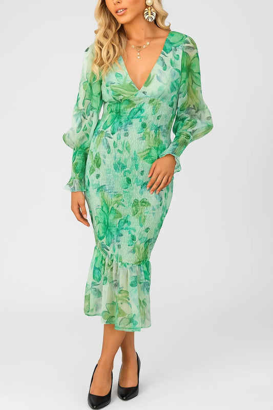 Abito midi elegante a fantasia floreale con maniche leggere
