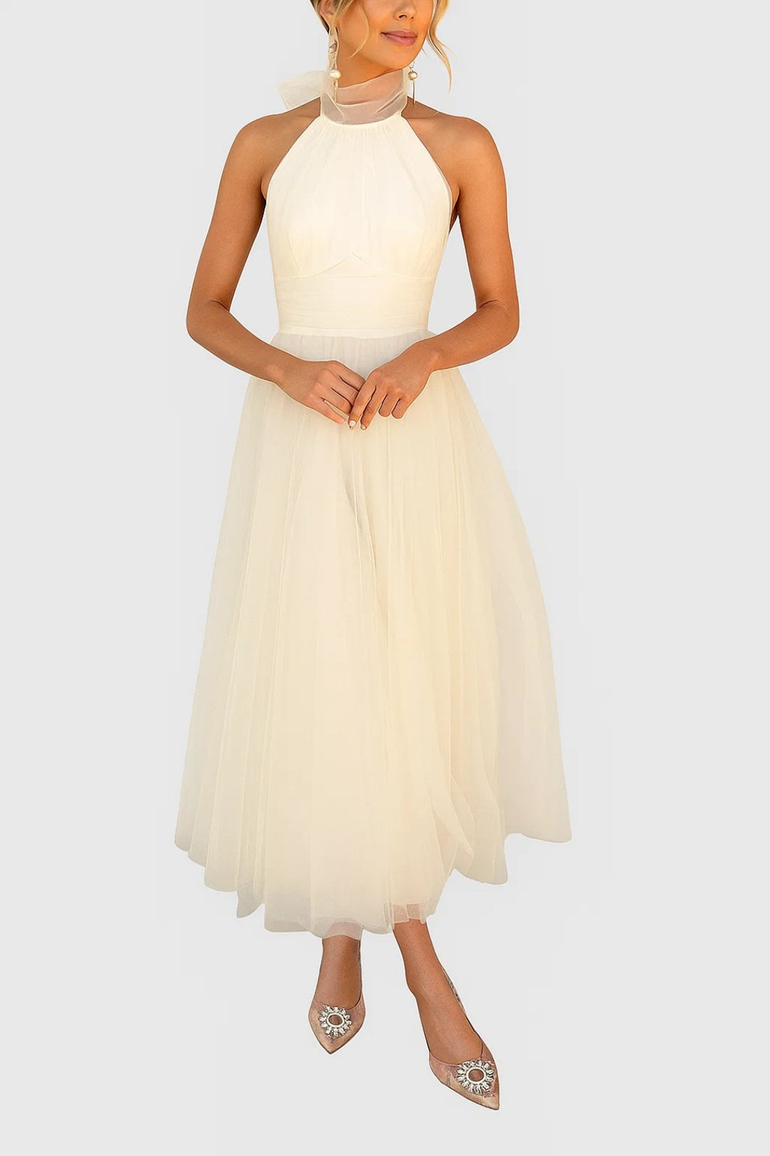 Abito in Tulle Elegante | Lunghezza Midi | Collo Alto e Gonna Voluminosa