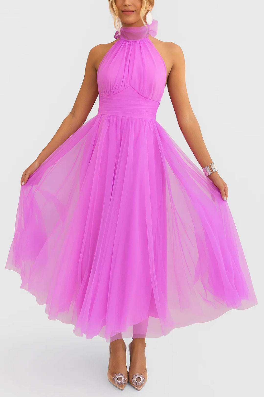 Abito in Tulle Elegante | Lunghezza Midi | Collo Alto e Gonna Voluminosa