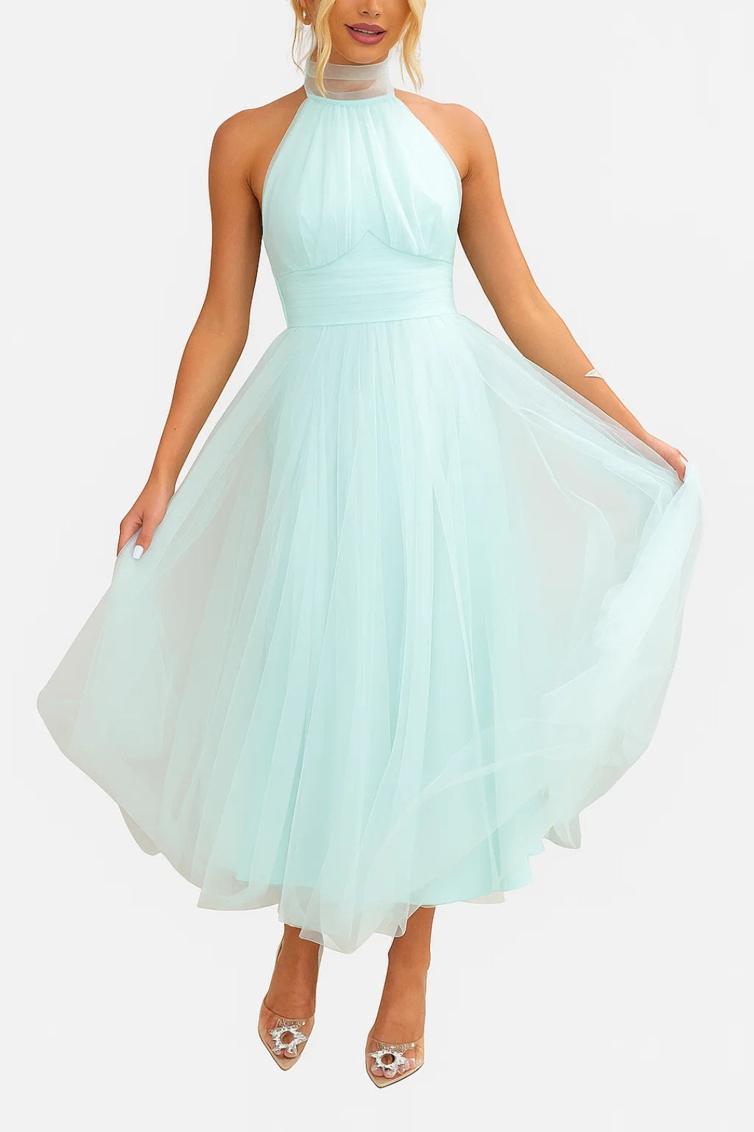 Abito in Tulle Elegante | Lunghezza Midi | Collo Alto e Gonna Voluminosa