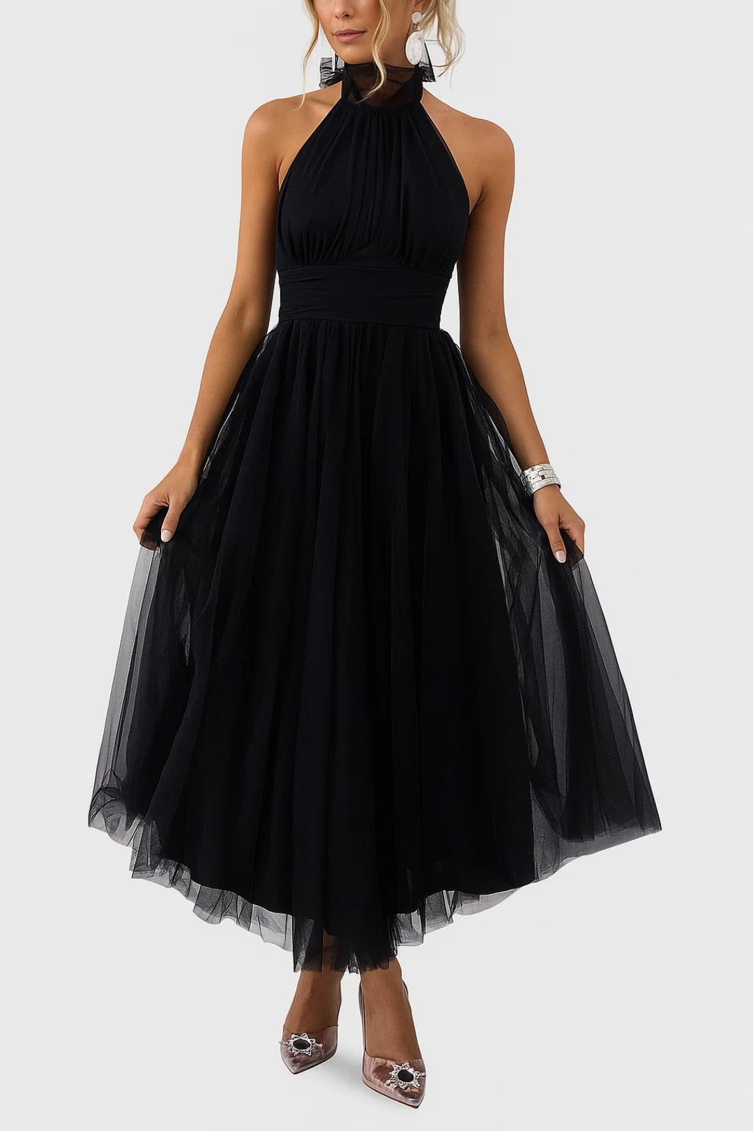 Abito in Tulle Elegante | Lunghezza Midi | Collo Alto e Gonna Voluminosa