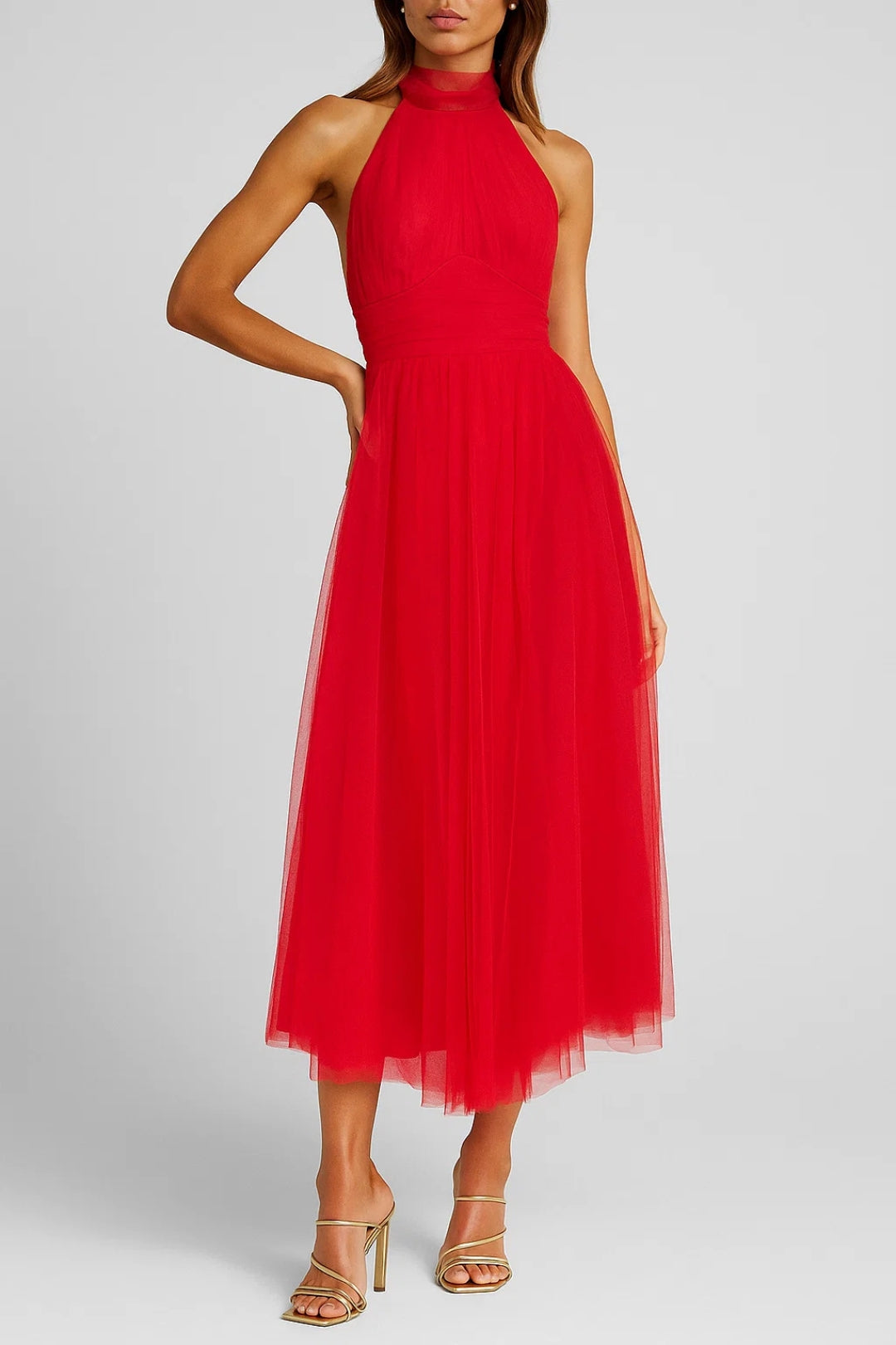 Abito in Tulle Elegante | Lunghezza Midi | Collo Alto e Gonna Voluminosa
