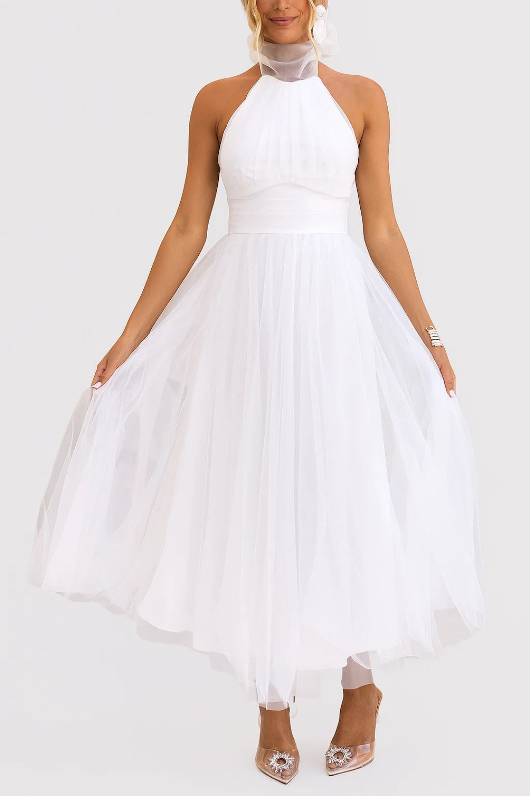 Abito in Tulle Elegante | Lunghezza Midi | Collo Alto e Gonna Voluminosa