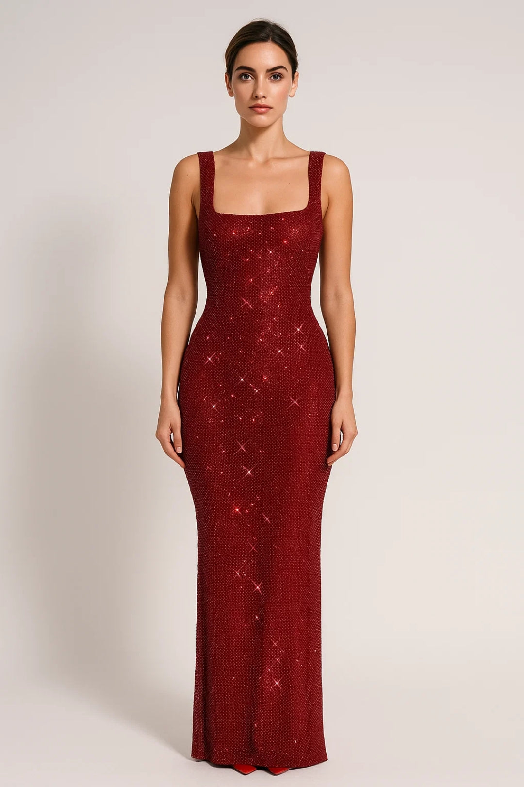 Abito lungo aderente con paillettes | Scollo quadrato | Elegante e scintillante