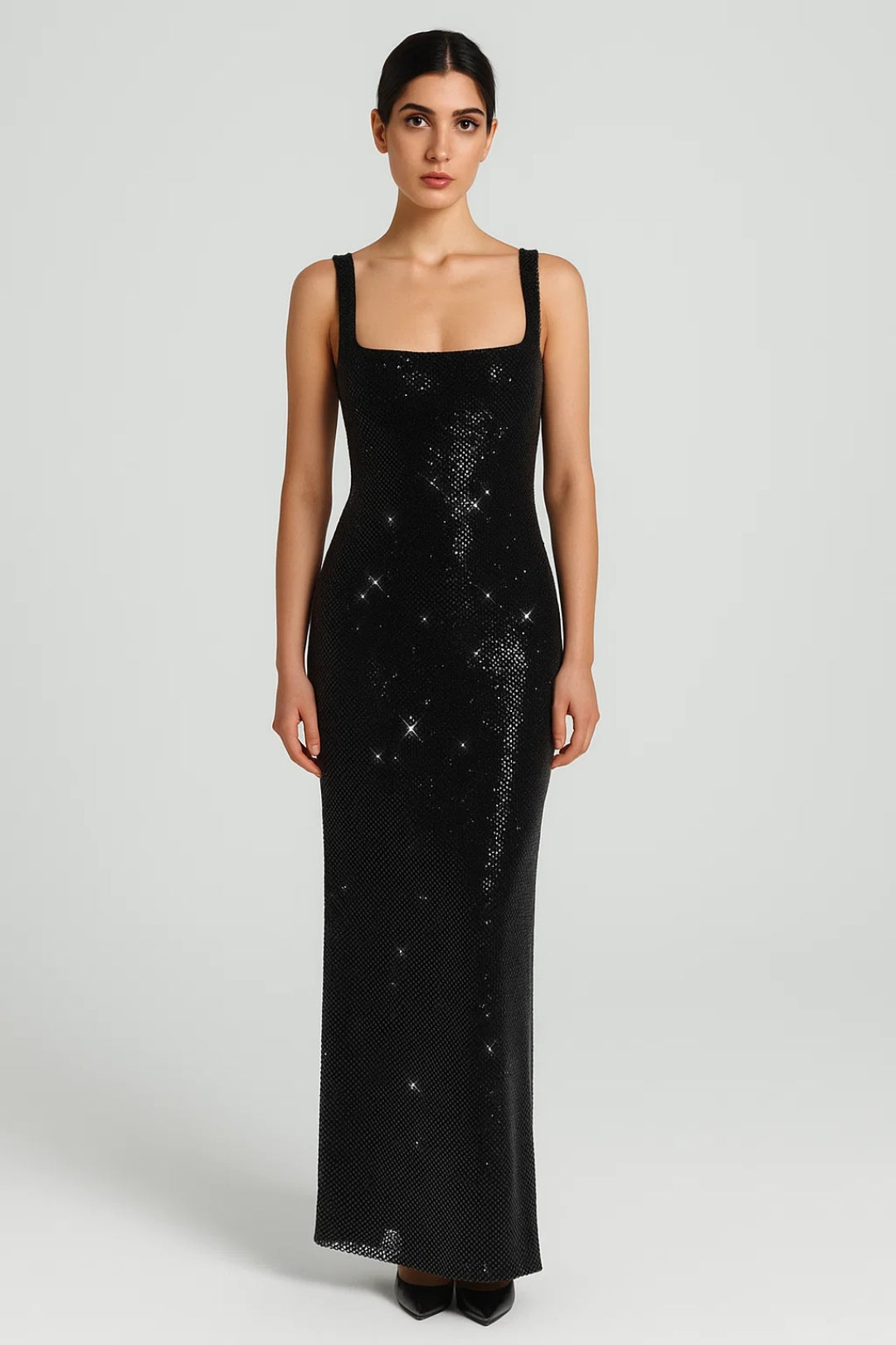 Abito lungo aderente con paillettes | Scollo quadrato | Elegante e scintillante