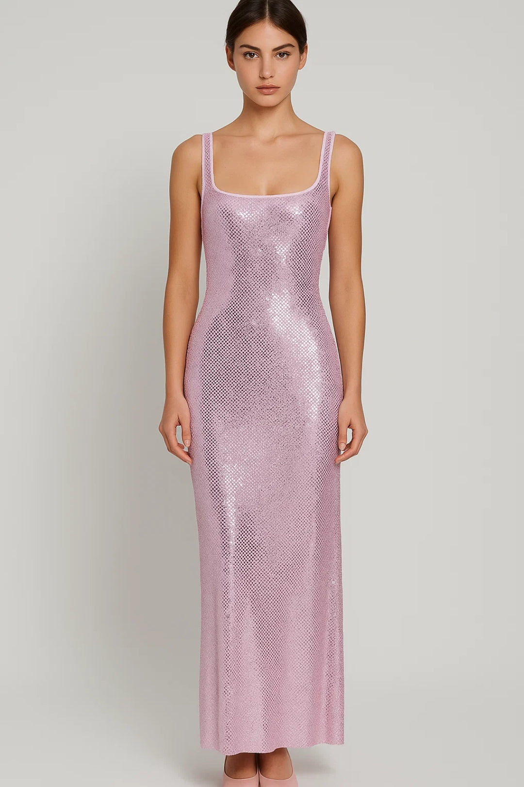 Abito lungo aderente con paillettes | Scollo quadrato | Elegante e scintillante