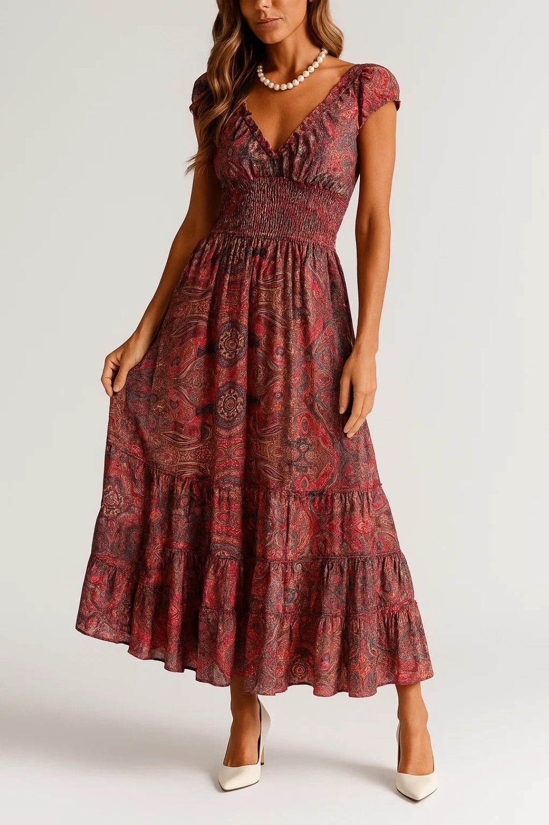 Abito lungo boho con stampa paisley e vita arricciata | Maniche corte