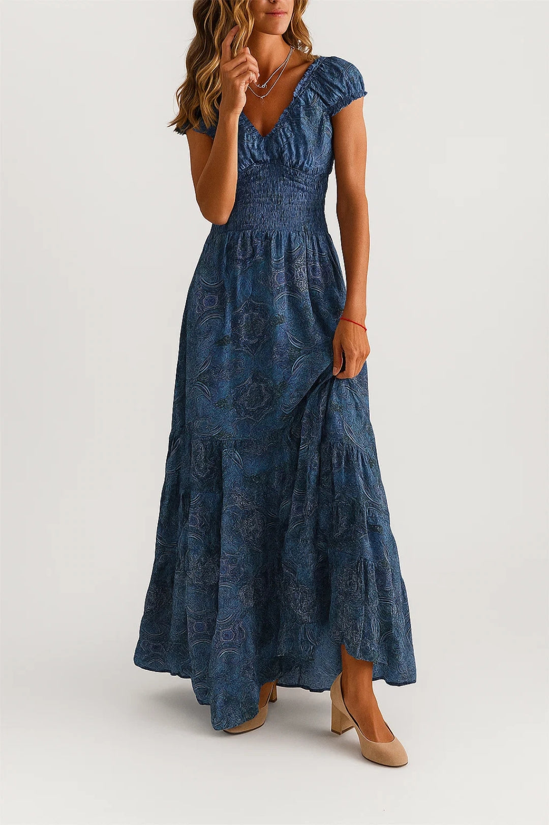 Abito lungo boho con stampa paisley e vita arricciata | Maniche corte