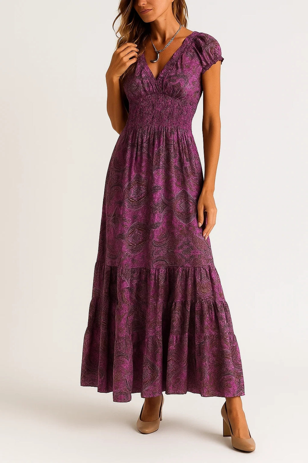 Abito lungo boho con stampa paisley e vita arricciata | Maniche corte