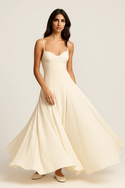 Abito lungo color crema | Spalline sottili | Gonna svasata fluida