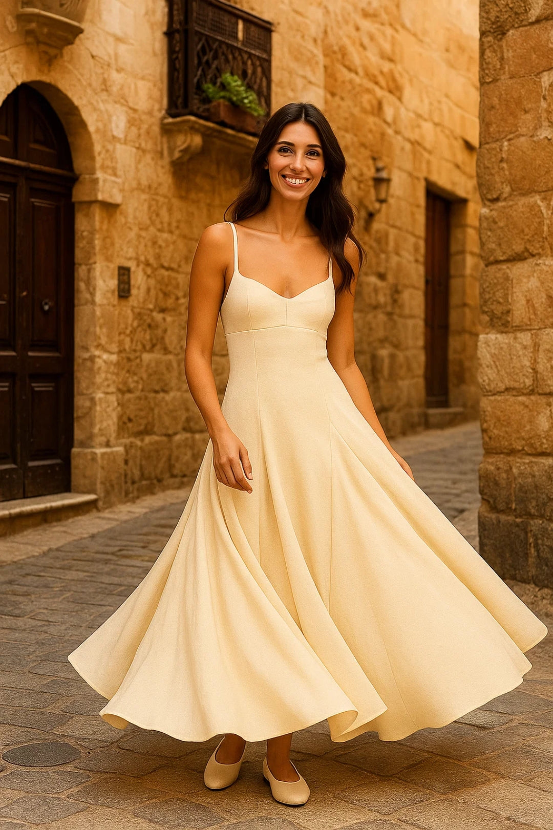 Abito lungo color crema | Spalline sottili | Gonna svasata fluida