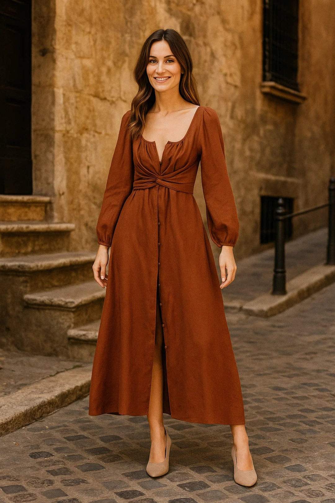 Abito lungo color terracotta con maniche lunghe | Nodo frontale e scollo profondo