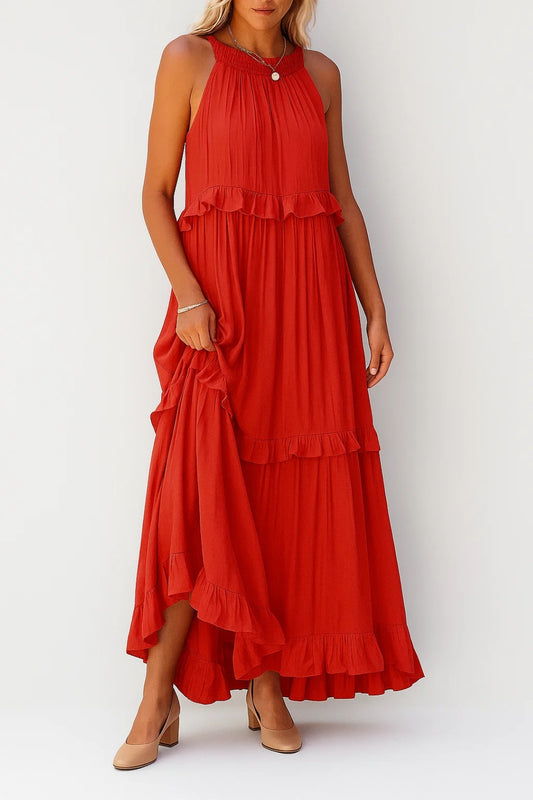 Abito lungo con balze e scollo all’americana | Stile fluido e femminile