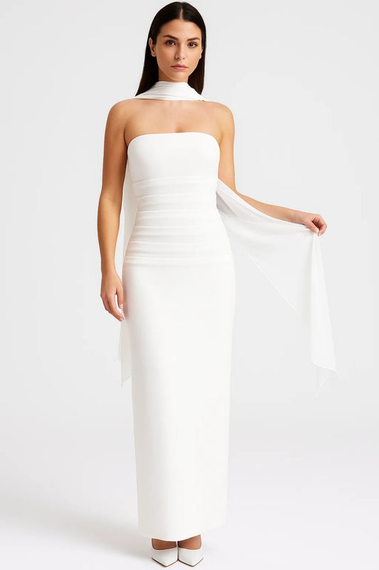 Abito lungo con sciarpa in chiffon | Senza spalline | Vestibilità aderente