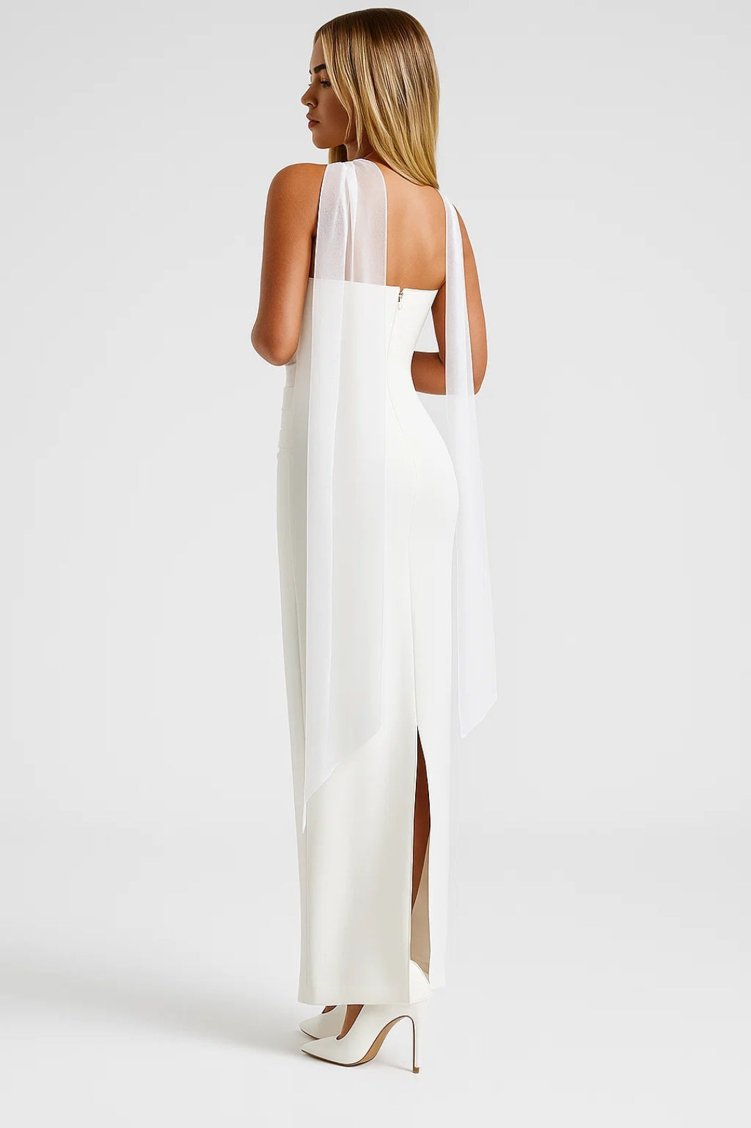 Abito lungo con sciarpa in chiffon | Senza spalline | Vestibilità aderente