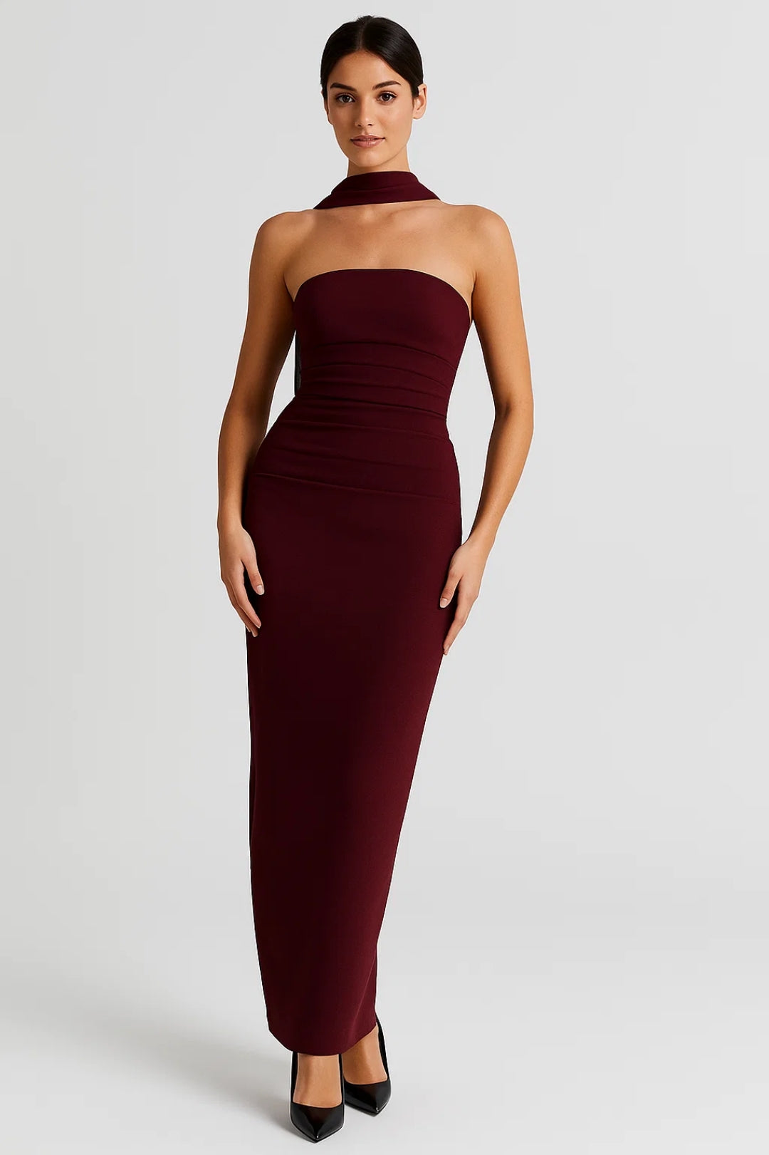 Abito lungo con sciarpa in chiffon | Senza spalline | Vestibilità aderente