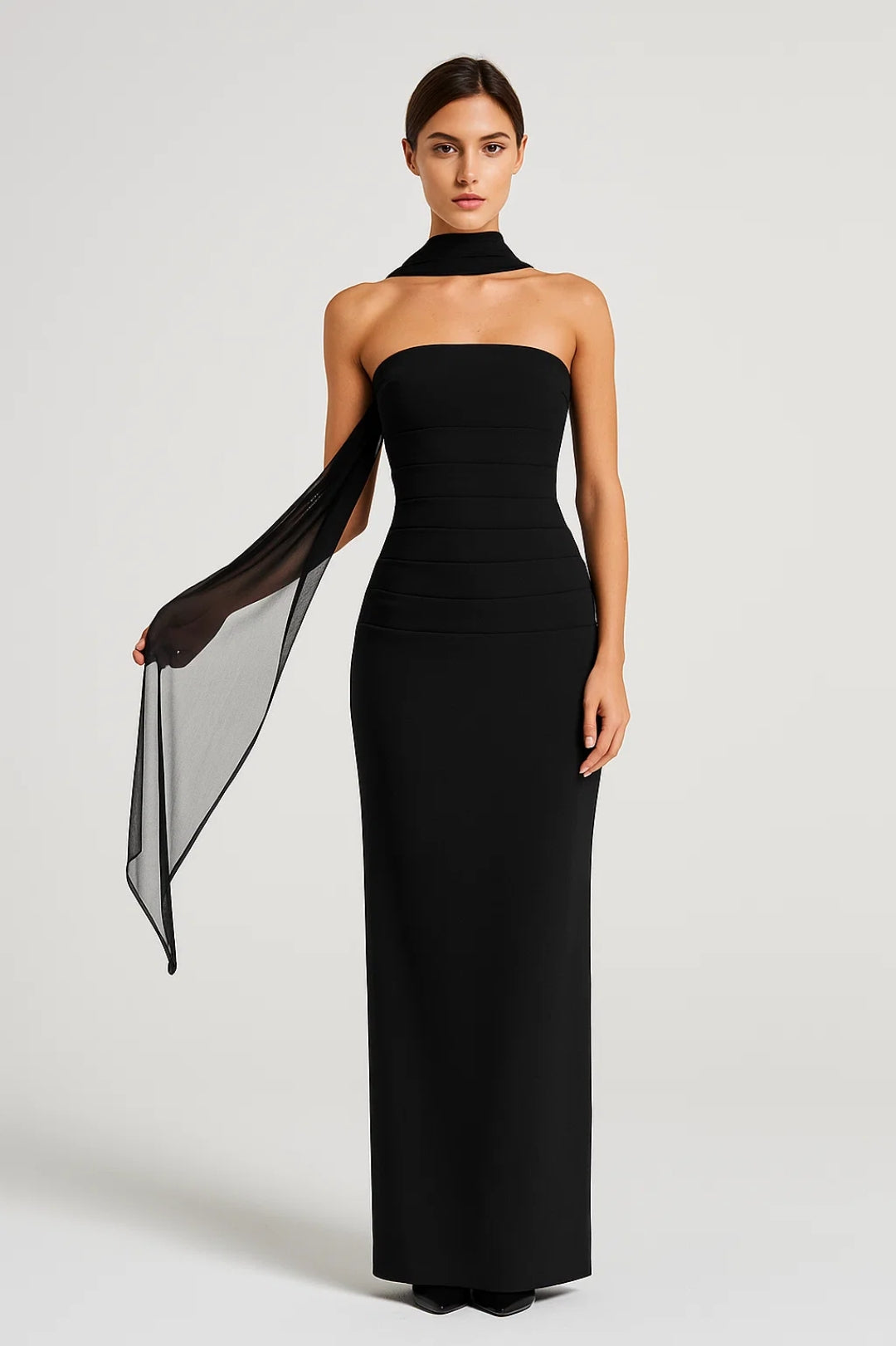 Abito lungo con sciarpa in chiffon | Senza spalline | Vestibilità aderente