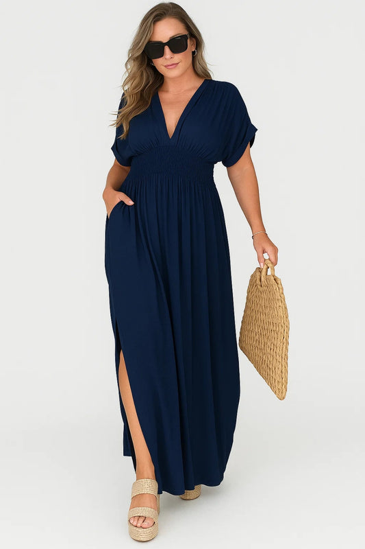 Abito lungo con scollo a V | Taglio morbido e maniche corte