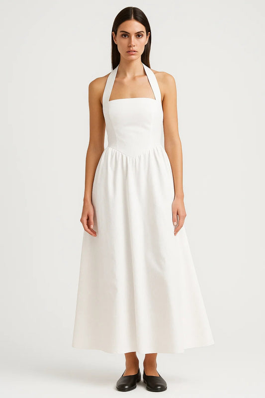 Abito lungo con scollo all’americana | Linea svasata | Eleganza minimalista