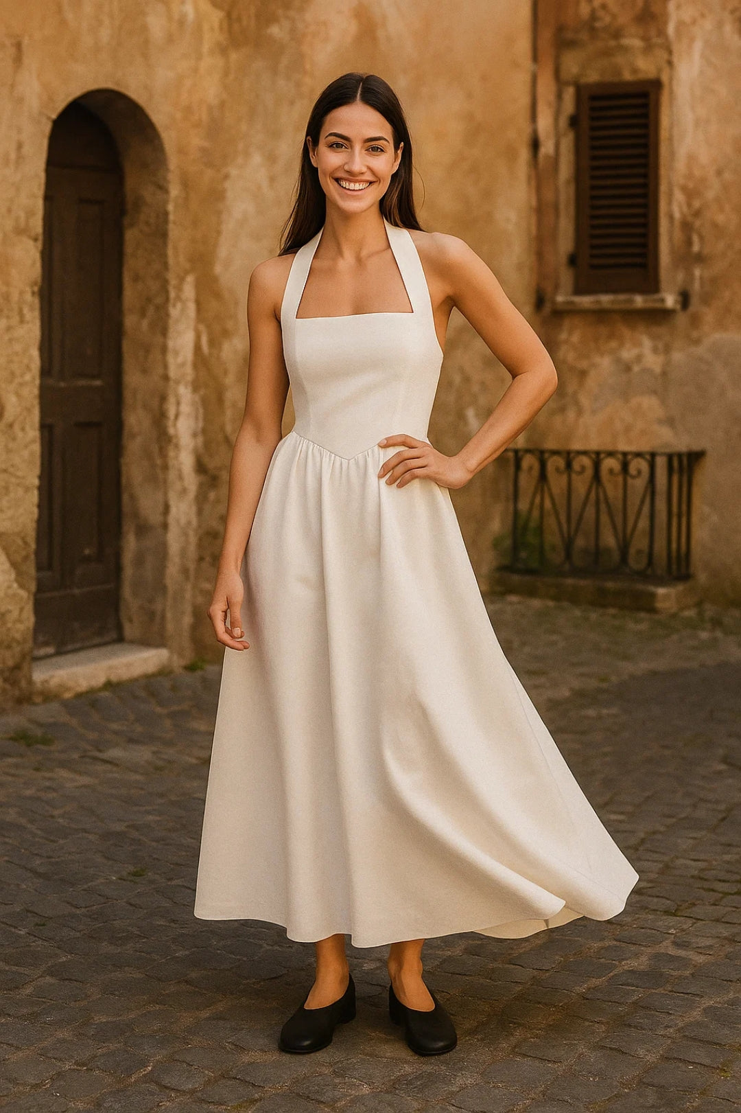 Abito lungo con scollo all’americana | Cotone leggero | Vestibilità svasata