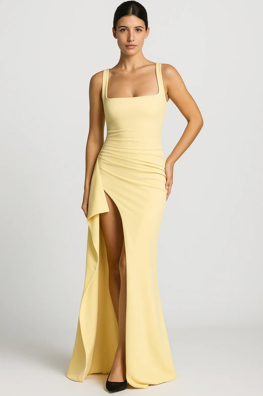 Abito lungo con spacco laterale | Scollo dritto | Vestibilità aderente