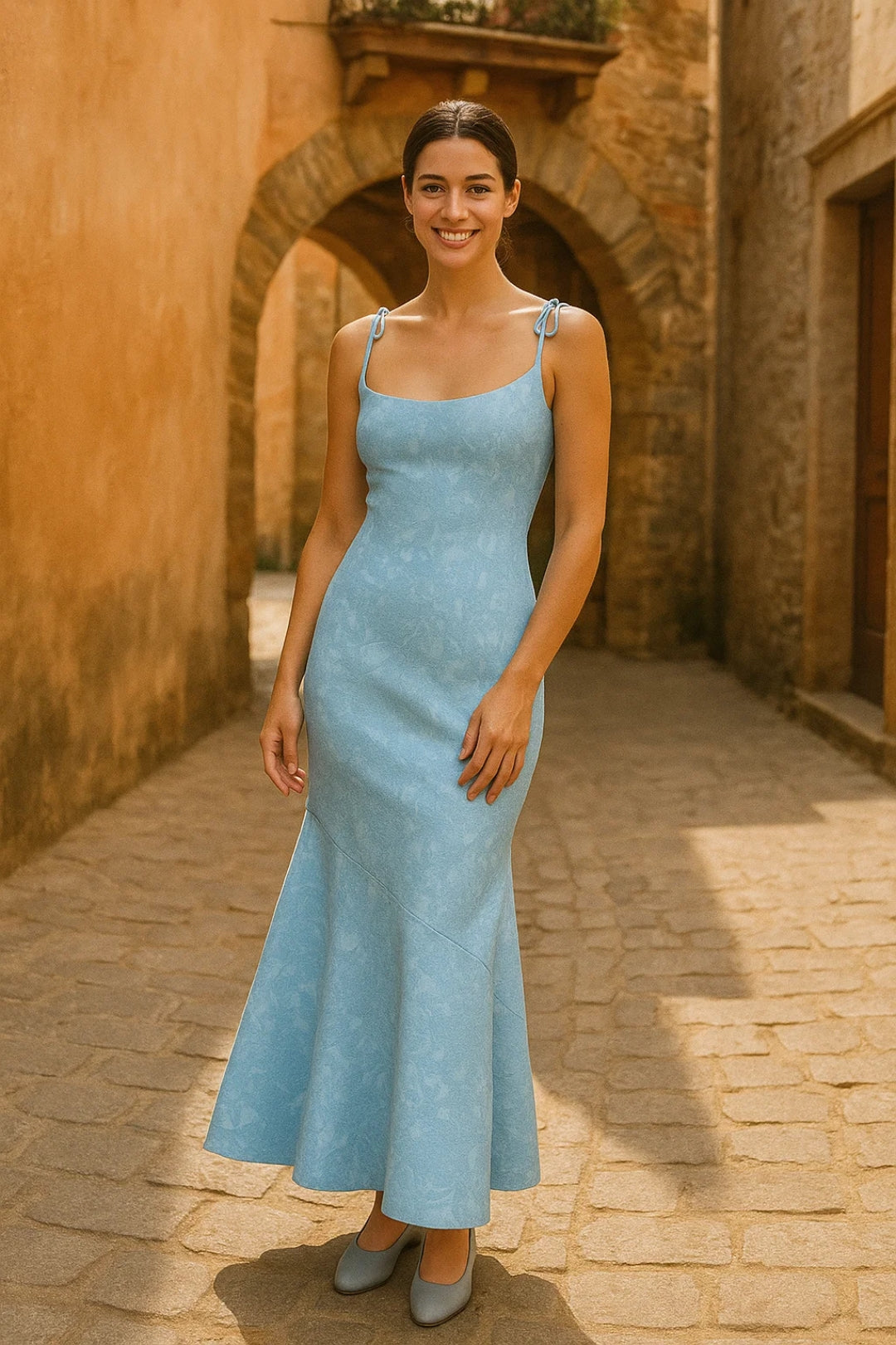 Abito lungo con spalline sottili annodate | Jacquard floreale | Eleganza femminile