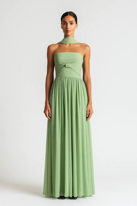 Abito lungo da cerimonia con sciarpa | Senza spalline | Gonna fluida elegante