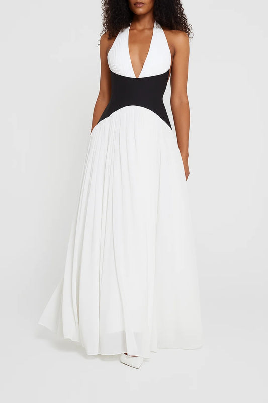 Abito lungo elegante bicolore | Scollo profondo | Gonna ampia in chiffon