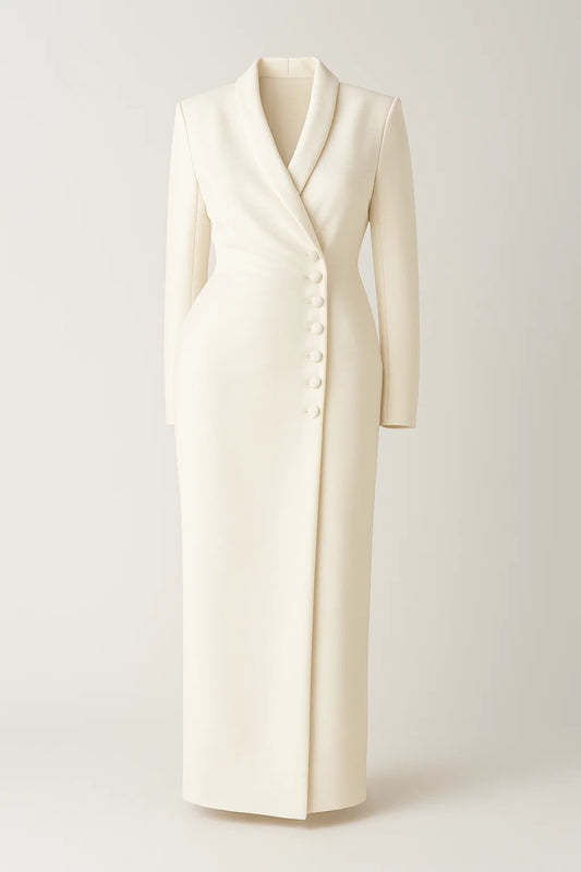 Abito lungo elegante con bottoni laterali e scollo a revers