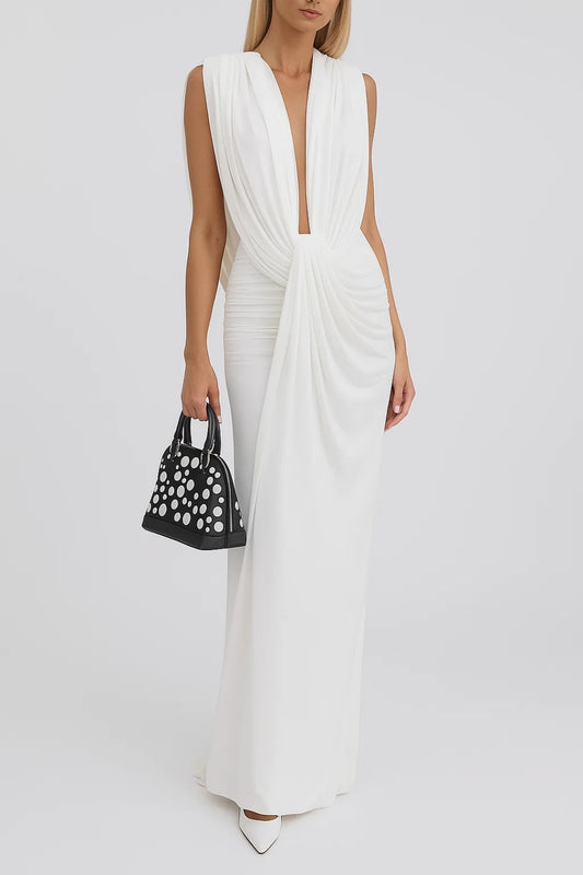 Abito lungo elegante con drappeggio frontale | Scollo profondo | Bianco classico