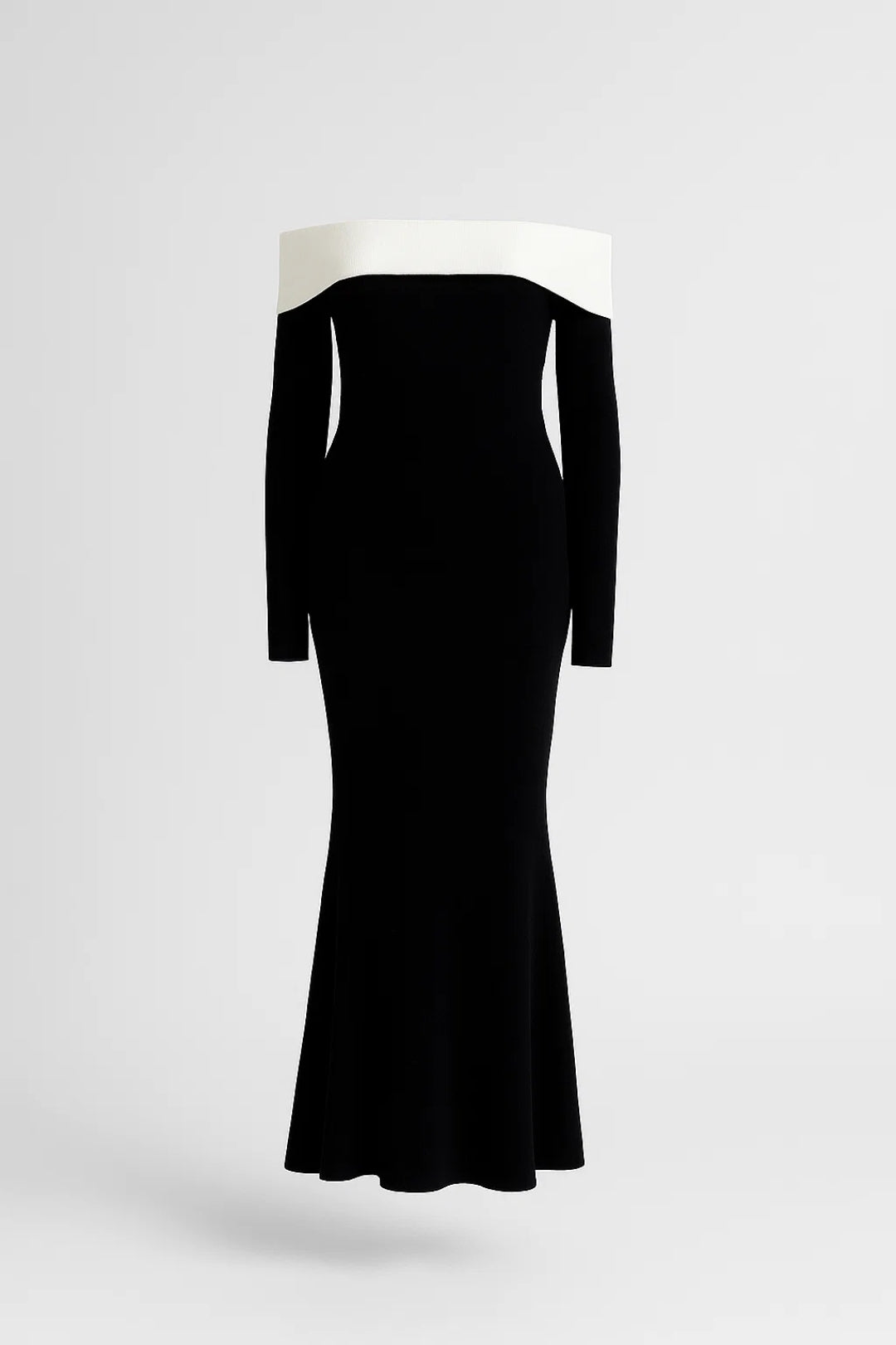 Abito lungo elegante con scollo a barca | Bicolore nero e bianco | Vestibilità aderente