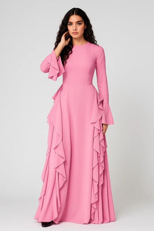 Abito lungo elegante con volant laterali | Maniche lunghe svasate