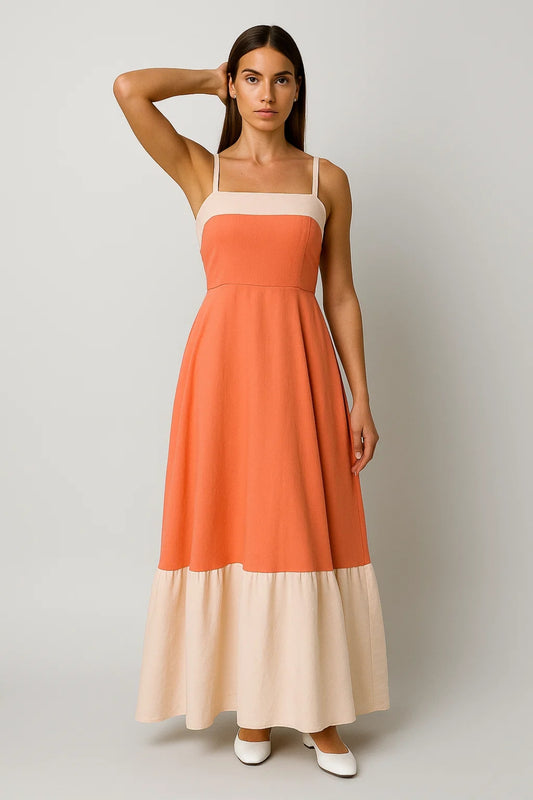 Abito lungo estivo con bretelle sottili | Bicolore | Gonna ampia e fluida