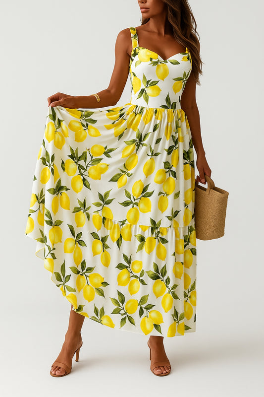 Abito lungo estivo con stampa limoni | Spalline larghe